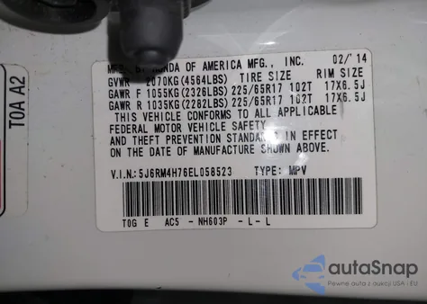 2014 Honda Cr-V Ex-L z USA, uszkodzony, nr VIN 5J6RM4H76EL058523